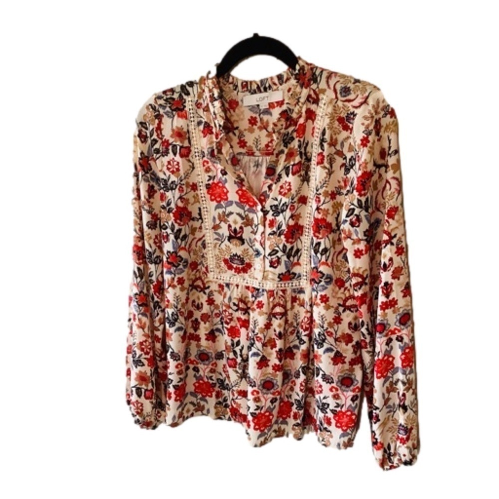 Loft Floral Blouse Size XS Cream Red Long Sleeves Cottagecore